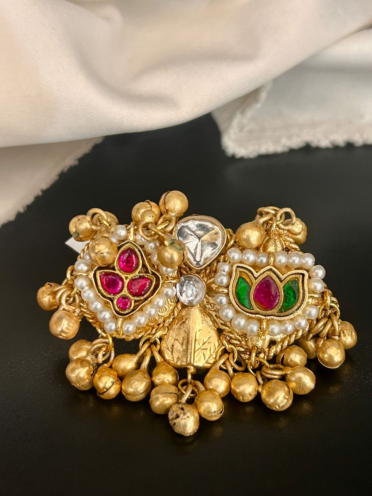 Lotus & Floral Kundan Adjustable Ring with Pearls & Ghungroo